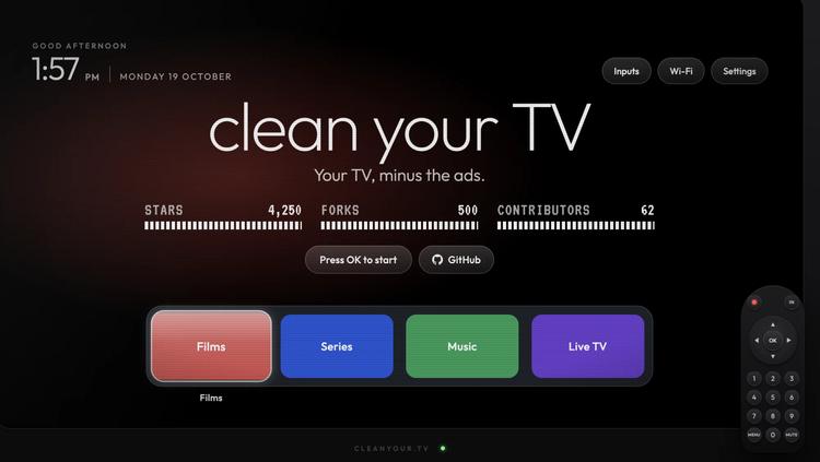 CleanYourTV website displaying 'Your TV, minus the ads,' colorful tiles for Films, Series, Music, and Live TV, and a virtual remote control.