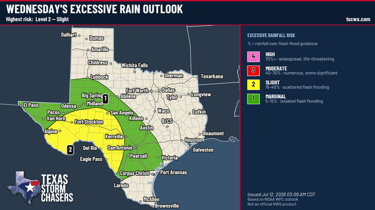 Wednesday excessive rain outlook for Texas showing a Level 2 slight flash flooding risk across parts of West Texas and the Hill Country.