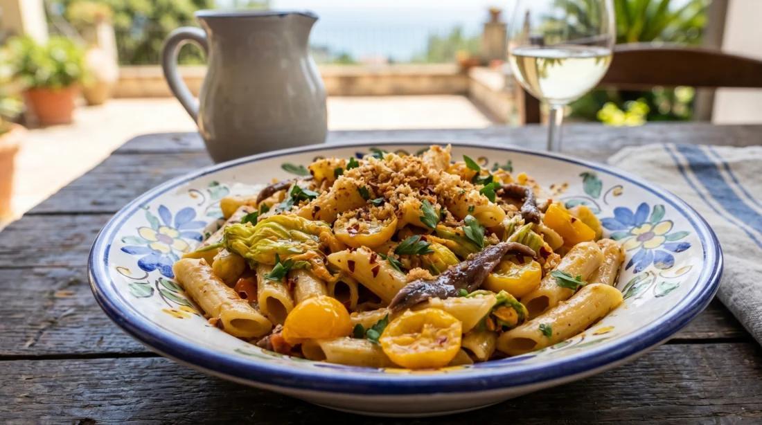 La ricetta: le zite spezzate con alici di Menaica e fiori di zucca