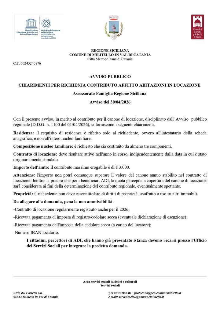 AVVISO PUBBLICO CHIARIMENTI PER RICHIESTA CONTRIBUTO AFFITTO ABITAZIONI IN LOCAZIONE Assessorato Famiglia Regione Sicili...