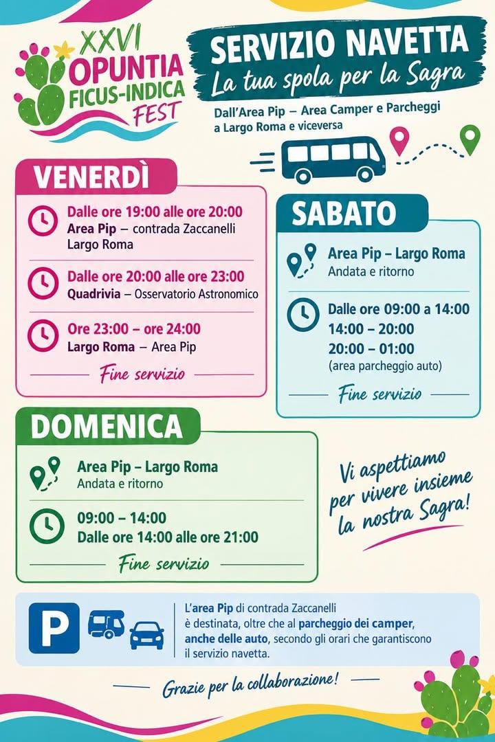 🚌 XXVI OPUNTIA FICUS-INDICA FEST | SERVIZIO NAVETTA E AREE PARCHEGGIO 🚗 In occasione delle tre giornate della Sagra de...