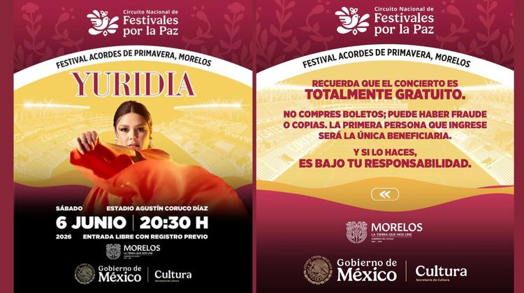 ¡Alerta de Fraude! Venden boletos falsos para el concierto gratuito de Yuridia en Morelos