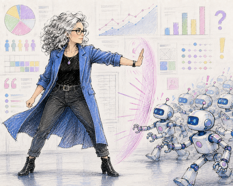 A hand-sketched, watercolor-style illustration depicts a confident UX researcher with shoulder-length, curly silver hair standing in a strong defensive pose, holding out one hand to stop a swarm of small AI robots. A glowing pink force field, matching the palette’s accent color, forms a barrier between the researcher and the advancing robots. The scene symbolizes human judgment, governance, and critical thinking acting as safeguards while preventing AI from operating unchecked.