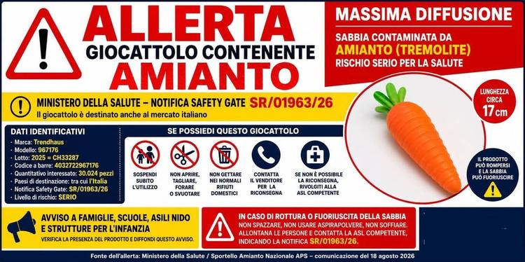 ⚠️ ALLERTA GIOCATTOLO CONTENENTE AMIANTO - MASSIMA DIFFUSIONE Il Comune informa la cittadinanza che il Ministero della S...