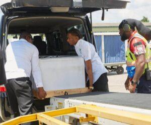 The body of the Mighty Sparrow being loaded into a hearse after arriving on Caribbean Airlines on Oct. 6, 2026