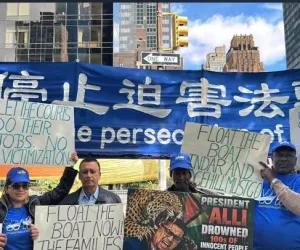 WIN's New York chapter protested Guyana President Irfaan Ali outside the UN, citing his own speech on inequality and justice while demanding accountability for political persecution, poverty, and the MV Barima ferry tragedy.
