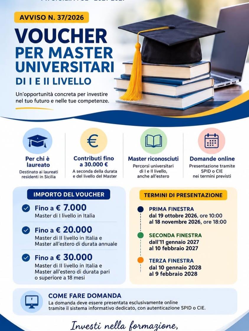 🎓 VOUCHER PER MASTER UNIVERSITARI: FINO A 30.000 EURO PER L’ALTA FORMAZIONE La Regione Siciliana, nell’ambito del PR Si...