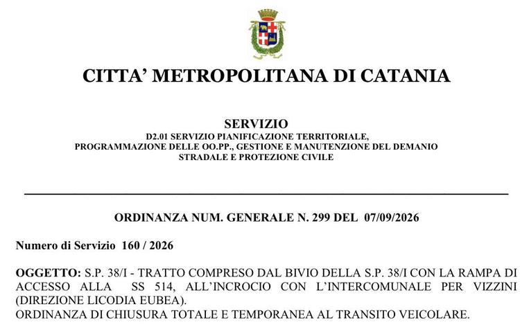 🛑 ORDINANZA DI CHIUSURA TOTALE E TEMPORANEA AL TRANSITO VEICOLARE S.P. 38/I - TRATTO COMPRESO DAL BIVIO DELLA S.P. 38/I...
