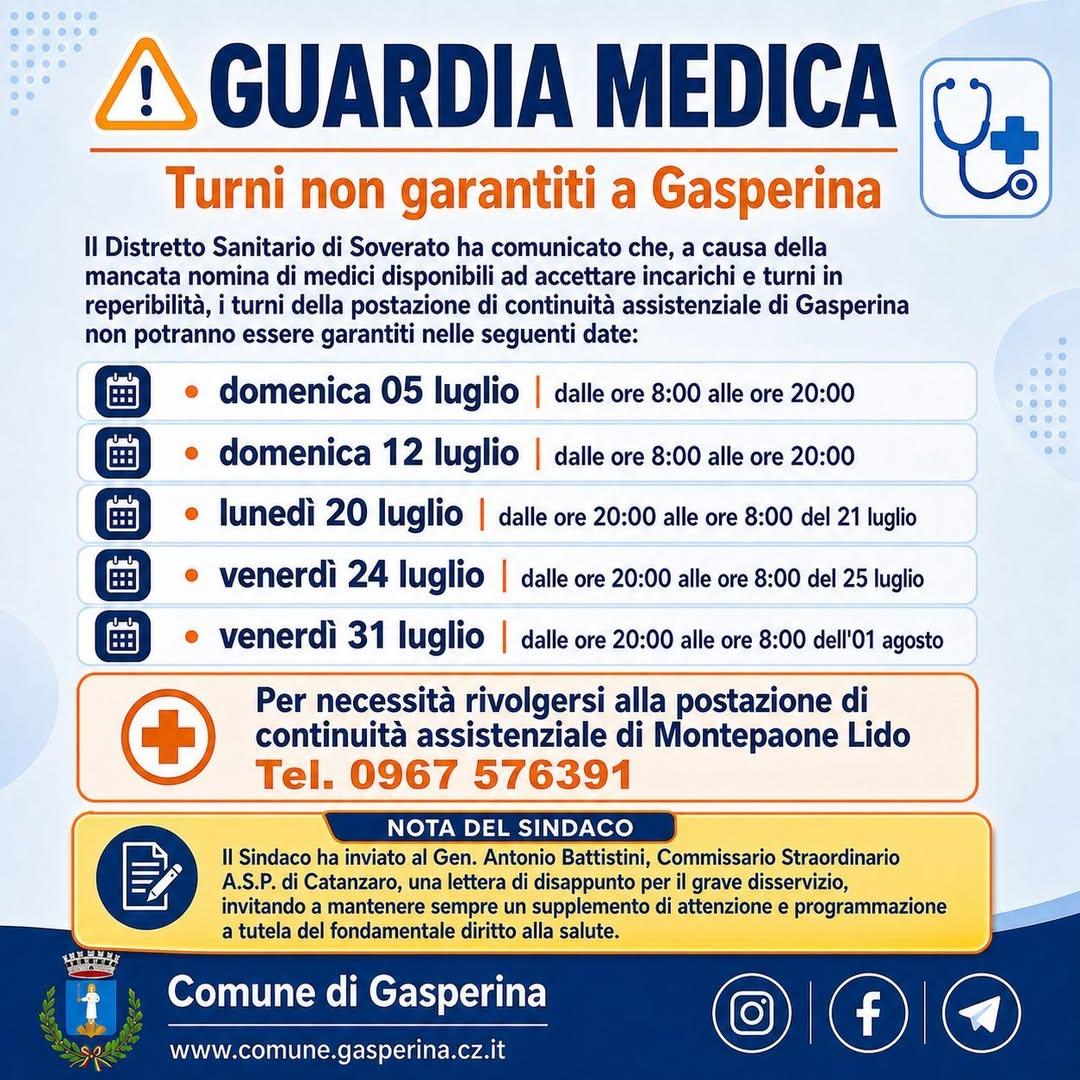 #ComuneGasperina DISSERVIZIO GUARDIA MEDICA