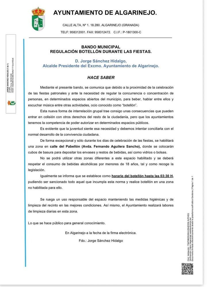 📢 BANDO MUNICIPAL | Regulación del botellón durante las Fiestas Patronales Con motivo de la celebración de las Fiestas...