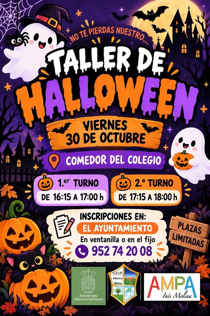 🎃👻 ¡Taller de Halloween! 🦇🕸️ 🧙‍♀️ El próximo viernes 30 de octubre, el AMPA Inés Molina del CEIP Velasco y Merino o...