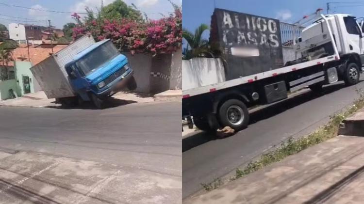 Caminhão fica preso em ladeira ao tentar rebocar veículo em Teresina