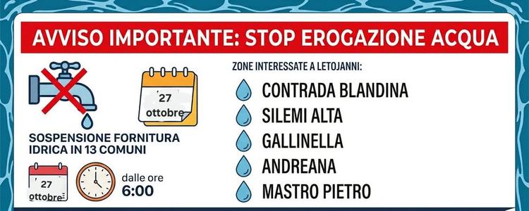 ⚠️🚱ATTENZIONE AVVISO INTERRUZIONE IDRICA 27 OTTOBRE Si avvisa che Siciliacque ha reso noto che a partire dalle ore 6:00...