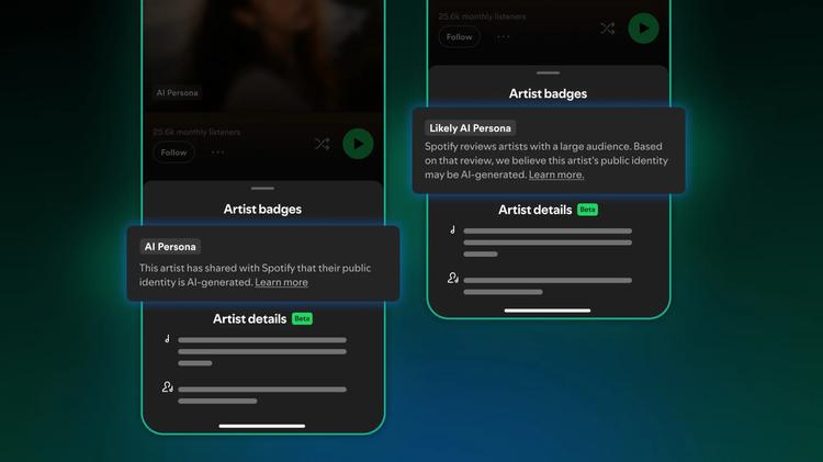 AI Person Artist badge and Likely AI Persona badge on Spotify identifying that the artist is AI-generated