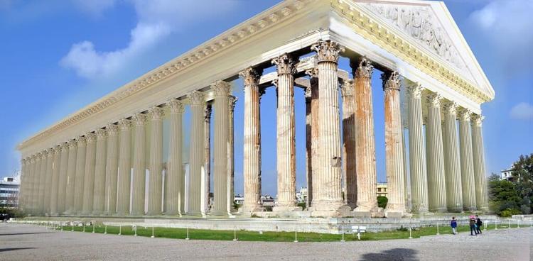 Digital reconstruction superimposed on the Temple of Olympian Zeus ruins, visualizing its complete form.