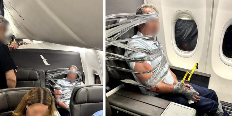 Passeggero violento in volo, immobilizzato con nastro adesivo e fascette