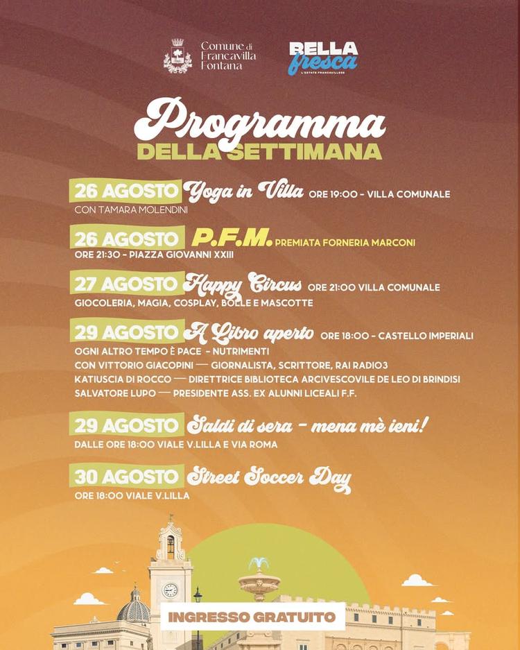 ☀️ Una settimana ricca di appuntamenti per Bella Fresca – l’estate francavillese. Si parte il 26 agosto con l’ultimo inc...