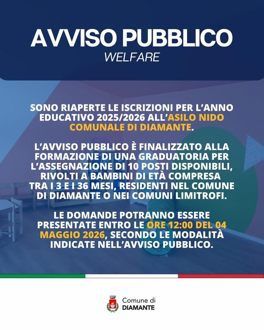 Sono riaperte le iscrizioni per l’Anno Educativo 2025/2026 all’Asilo Nido Comunale di Diamante. L’avviso pubblico è fina...