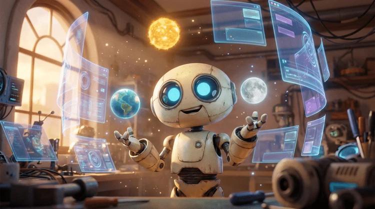 Kleiner Roboter mit holografischen Planeten im Labor