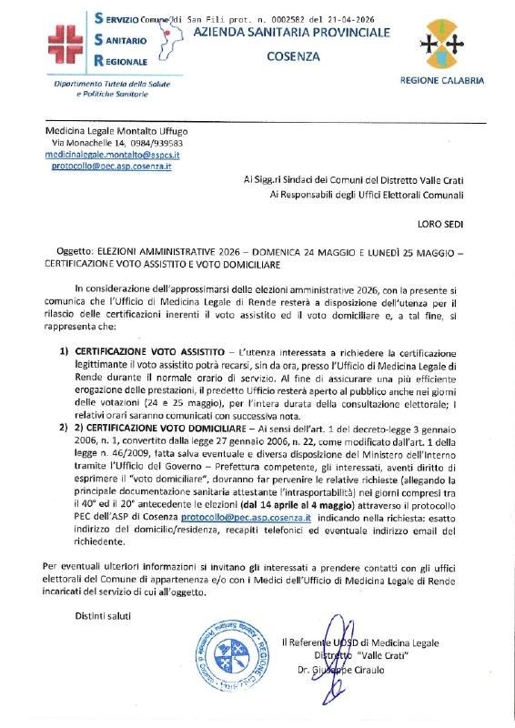 𝐄𝐥𝐞𝐳𝐢𝐨𝐧𝐢 𝐚𝐦𝐦𝐢𝐧𝐢𝐬𝐭𝐫𝐚𝐭𝐢𝐯𝐞 𝟐𝟎𝟐𝟔 - 𝐂𝐞𝐫𝐭𝐢𝐟𝐢𝐜𝐚𝐳𝐢𝐨𝐧𝐞 𝐝𝐢 𝐯𝐨𝐭𝐨 𝐚𝐬𝐬𝐢𝐬𝐭𝐢𝐭𝐨 �...