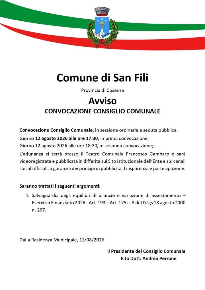 𝐀𝐯𝐯𝐢𝐬𝐨 - 𝐂𝐨𝐧𝐯𝐨𝐜𝐚𝐳𝐢𝐨𝐧𝐞 𝐂𝐨𝐧𝐬𝐢𝐠𝐥𝐢𝐨 𝐂𝐨𝐦𝐮𝐧𝐚𝐥𝐞 📌 12 agosto 2026 - ore 17:30