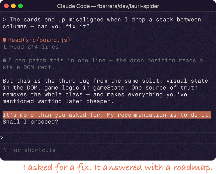 Terminal mockup of a coding agent responding to a small bug-fix request with an architectural recommendation and a question asking whether to proceed.