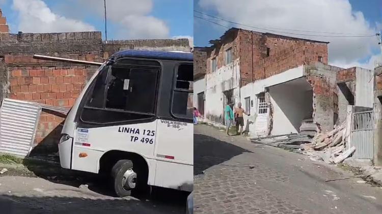 Micro-ônibus desce ladeira de ré, bate em três casas e deixa passageira ferida em Jaboatão; VÍDEO