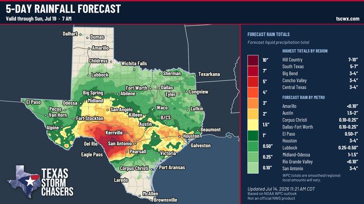 Five-day Texas rainfall forecast valid through Sunday morning, July 19, showing the highest totals across the Hill Country and South Texas.