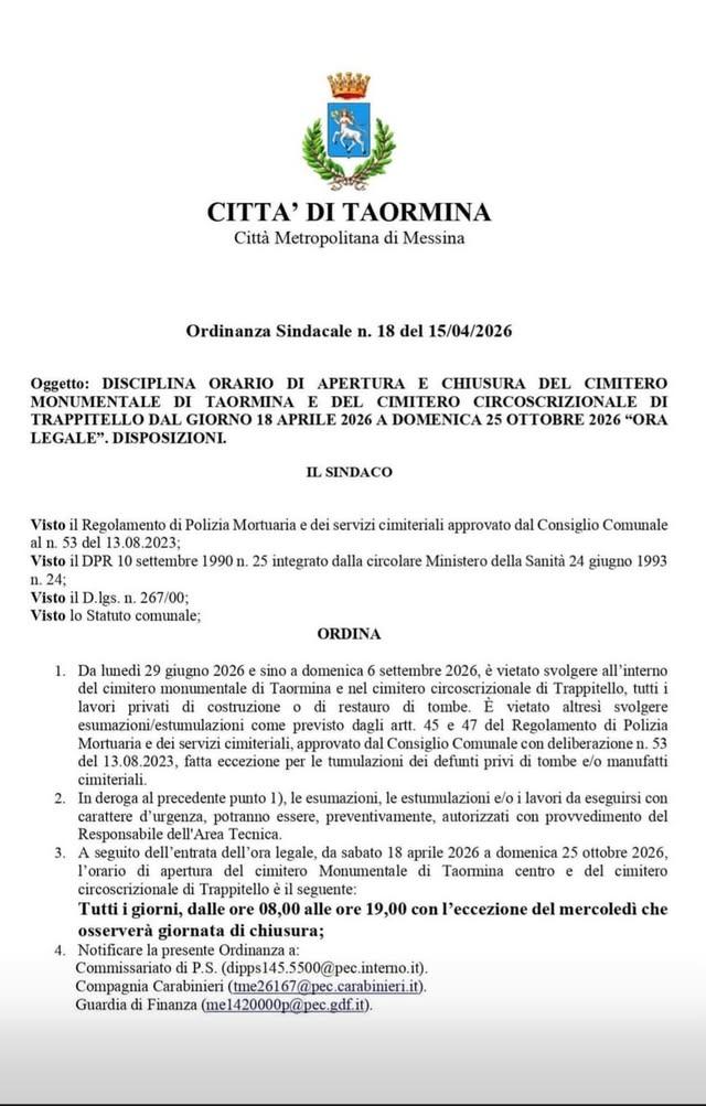 AVVISO AI CITTADINI: ORARI E DISPOSIZIONI CIMITERI COMUNALI 🏛️ Si informa la cittadinanza che, in concomitanza con l’en...