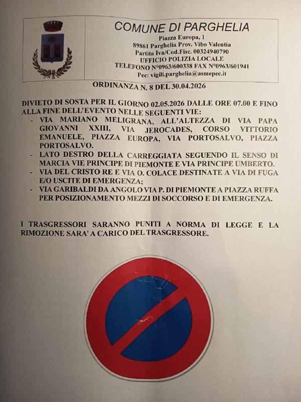 AVVISO domani 2 Maggio istituto divieto di sosta per evento