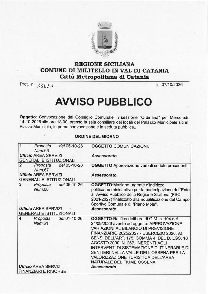 Convocazione del Consiglio Comunale in sessione Ordinaria per Mercoledì 14-10-2026 alle ore 18:00, presso la sala consil...
