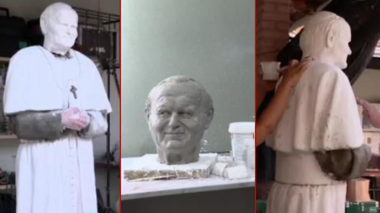 Artista usa mais de 300 fotos para criar escultura em tamanho real do papa em Cuiabá