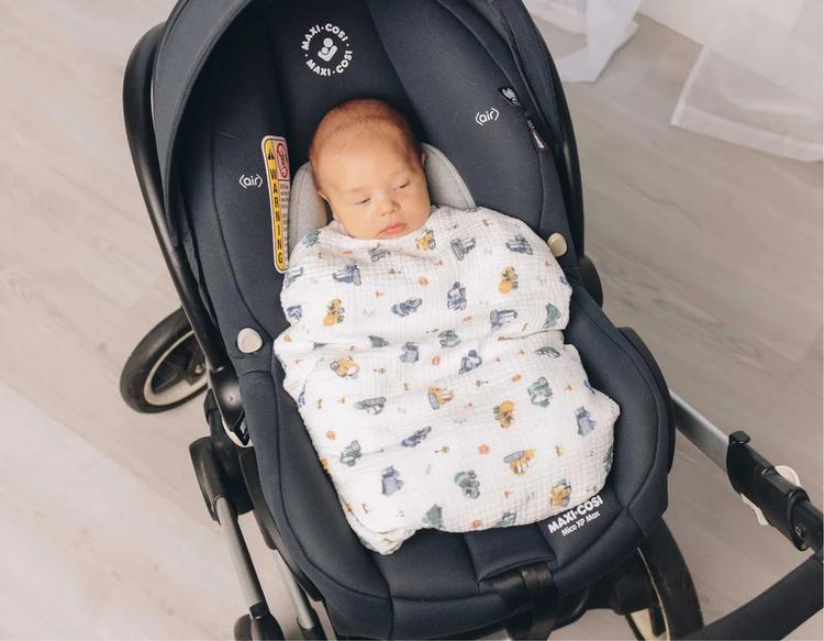 A baby wrapped in a Lyra Muslin Swaddle Blanket, cozy and comfortable for a long family road trip.