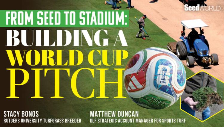 Seed World graphic showing World Cup pitch preparation with turf, soccer ball and experts Stacy Bonos and Matthew Duncan