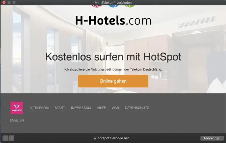 Telekom Hotspot Login-Seite im H-Hotel