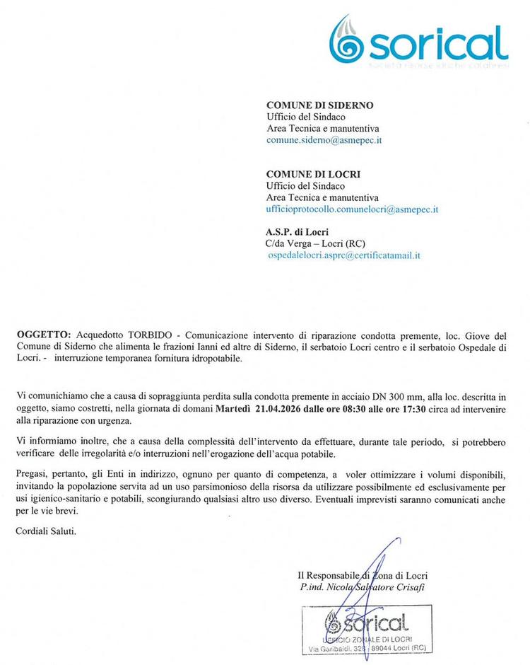 🔴 COMUNICAZIONE Sorical per martedì 2️⃣1️⃣ aprile 2026