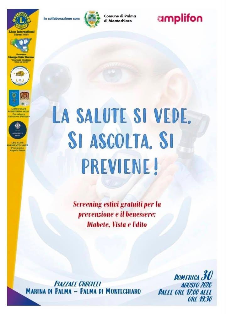 PREVENZIONE GRATUITA A MARINA DI PALMA: DIABETE, VISTA, UDITO. Domenica 30 agosto, in occasione dei festeggiamenti della...