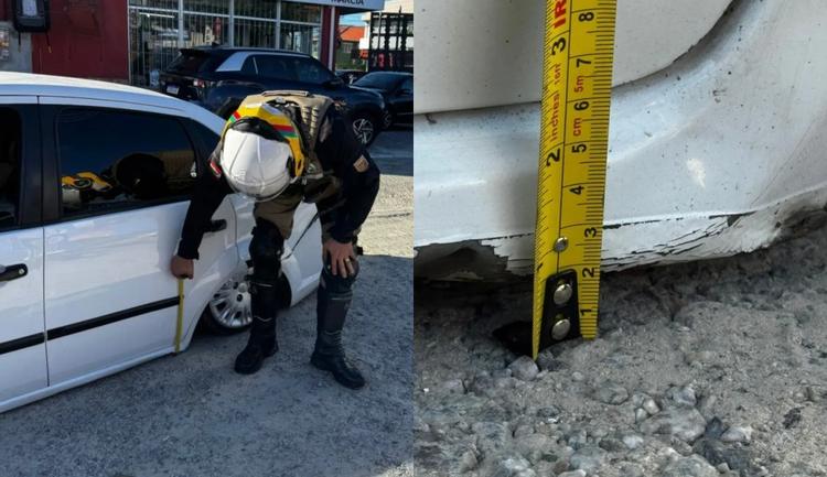 Carro rebaixado é flagrado a menos de 3 cm do chão e polícia usa fita métrica para medir irregularidade em Florianópolis