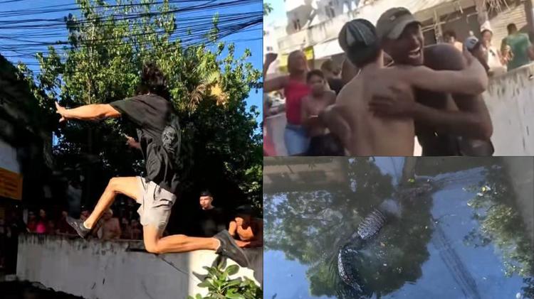 Salto de 5 metros sobre jacarés em esgoto a céu aberto com torcida no Rio viraliza: 'Vídeo mais brasileiro'
