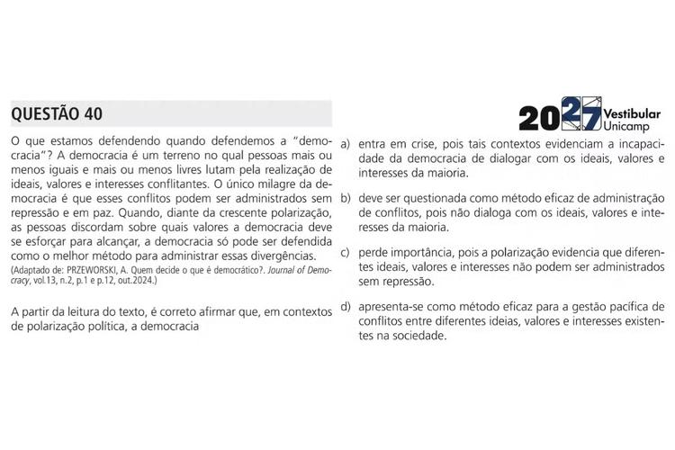 Unicamp 2027: questão da 1ª fase destaca importância da democracia para lidar com polarização