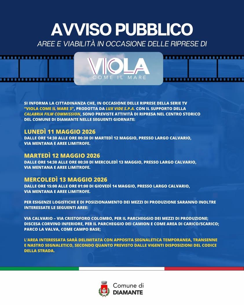 🎬 In occasione delle riprese della serie TV “Viola come il Mare 3”, alcune aree del Centro Storico di Diamante saranno...