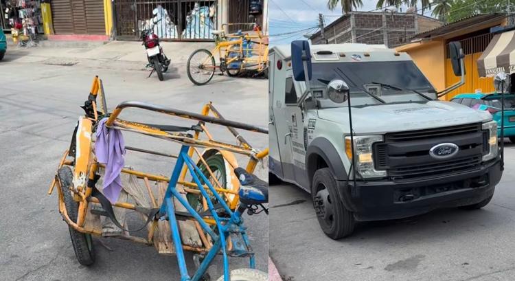 Milagro en Jojutla: Camioneta de valores destroza triciclo de agua y repartidor sobrevive de milagro