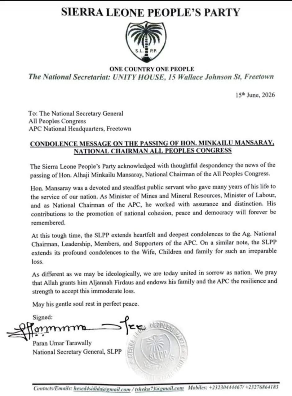 SLPP Mourns APC Chairman Mansaray: “We Are United in Sorrow”