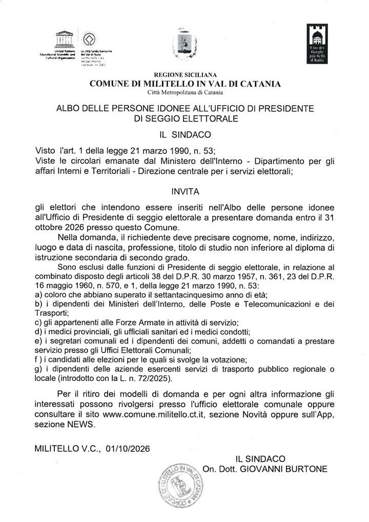 Aggiornamento Albo delle persone idonee all'Ufficio di Presidente di Seggio Elettorale.