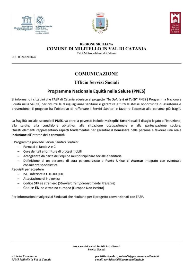 COMUNICAZIONE Ufficio Servizi Sociali  Programma Nazionale Equità della Salute.