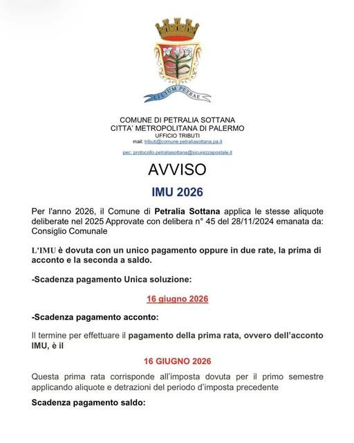 📢Avviso IMU 2026 L'IMU è dovuta con un unico pagamento oppure in due rate.  Per qualsiasi informazione rivolgersi agli...