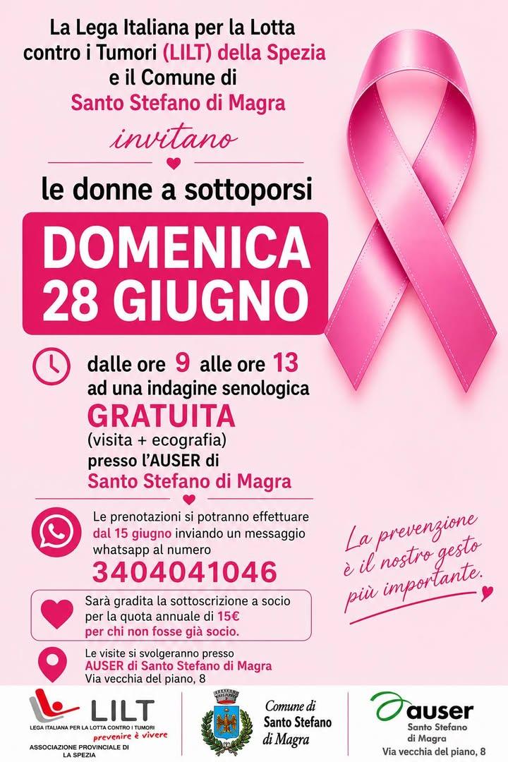 Domenica 28 giugno Auser Santo Stefano di Magra dalle 9 alle 13 LILT La Spezia con il Comune di Santo Stefano di Magra h...
