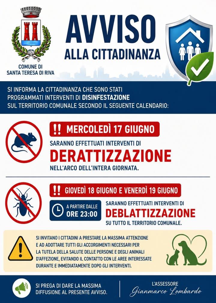AVVISO ALLA CITTADINANZA Si informa la cittadinanza che sono stati programmati interventi di disinfestazione sul territo...
