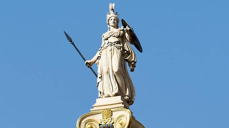 Statue of Athena Promachos by Leonidas Drosis (1836-1882) at the Academy of Athens on Panepistimiou Street. 