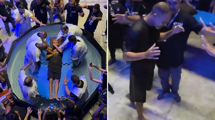 Homem com problema na coluna se levanta e anda após batismo em igreja no Rio